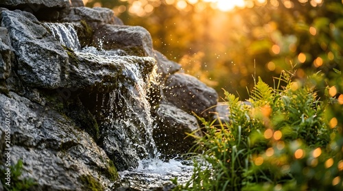 Sunlit forest stream spilling over mossy rocks — close-up nature detail with golden bokeh and warm autumn light