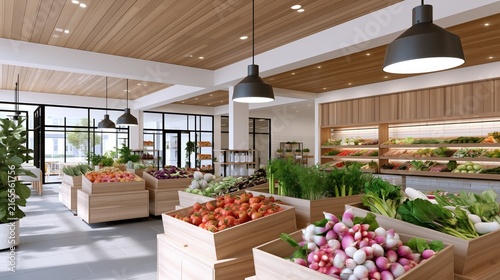 Fresh produce is displayed in wooden crates within a modern grocery store.