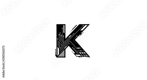 Stylized letter k with circuit board design and digital network elements