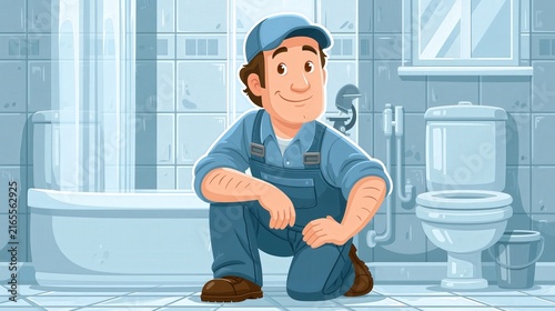 A friendly worker in overalls and a cap is kneeling in a clean bathroom.