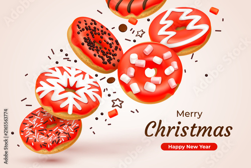 Christmas banner for bakery shop with red chocolate donuts sprinkles sugar glaze, marshmallows and chopped nuts. Fast food isolated on the orange background. Realistic style. 