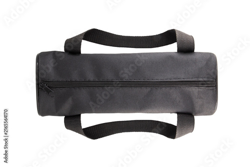 Black nylon duffel sport bag isolated on white background