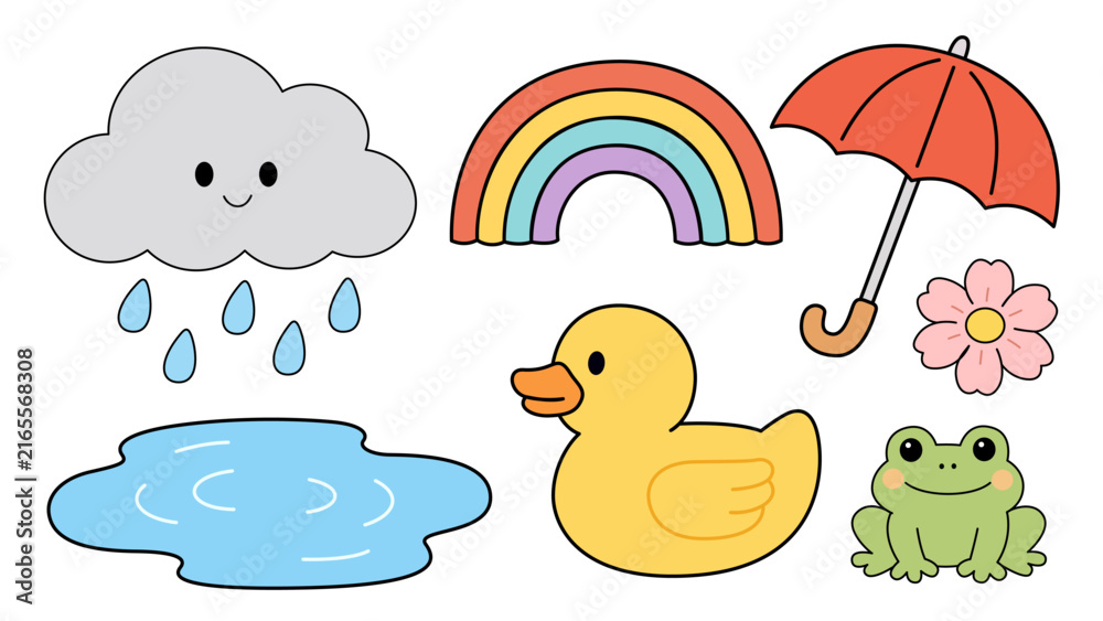 Fototapeta premium cute rainy summer icon collection, weather set illustration, rain cloud duck umbrella, summer rainy day elements
