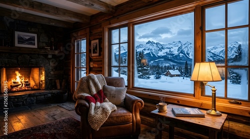 Cozy Mountain Cabin Living Room with Fireplace and Snowy Landscape View.