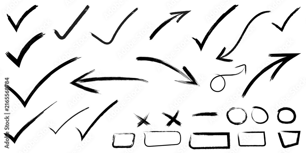 Fototapeta premium Collection of hand drawn check marks arrows and geometric shapes isolated on a white background
