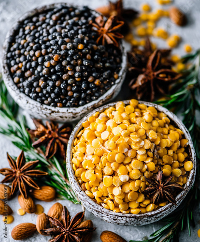 Bowls of Black Beluga Lentils and Yellow Split Peas with Spices