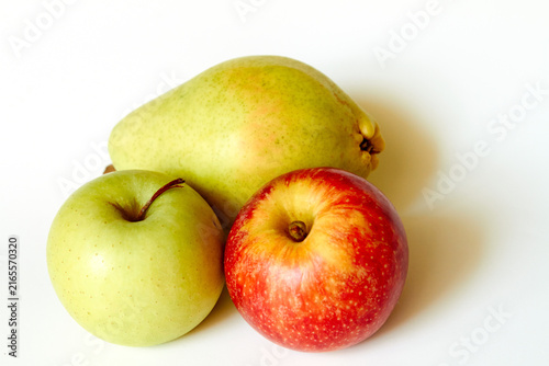 Green apple red apple and pear isolated on white background