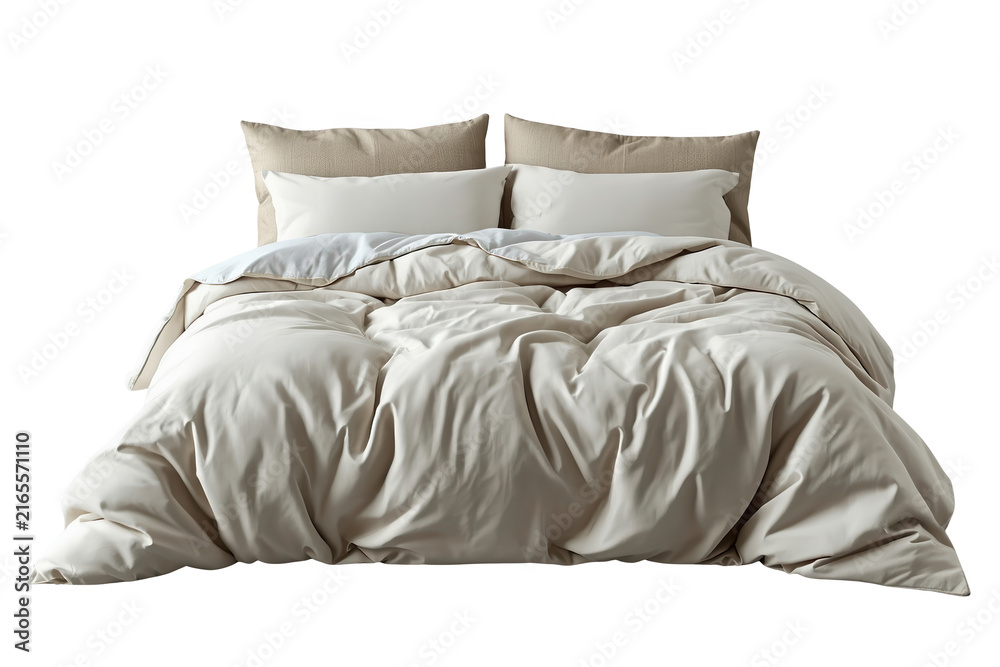 Obraz premium Unmade cream bed with layered pillows and soft duvet