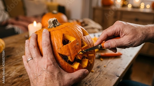 Man hands carving scary jack-o-lantern from orange pumpkin for Halloween night celebration at home