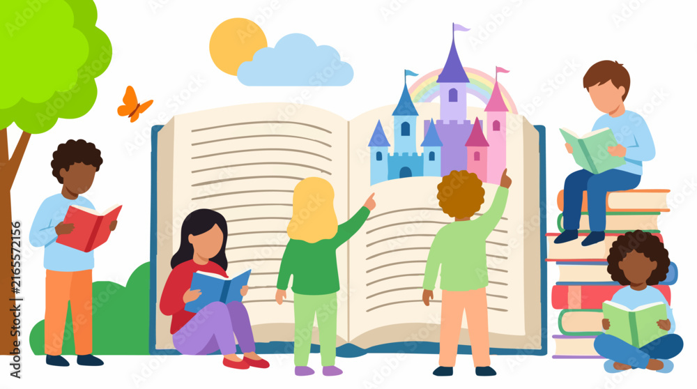 Fototapeta premium Children enjoying reading and exploring imaginative stories in a park