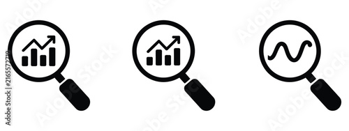 Magnifying glass icon set, search symbols with graphs and charts representing data analysis, market research, business intelligence, analytics, and financial insights.  