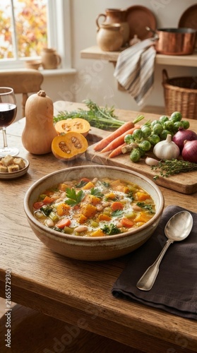Bowl of homemade autumn vegetable soup with root vegetables, healthy seasonal meal, comforting home cooking and family dinner.