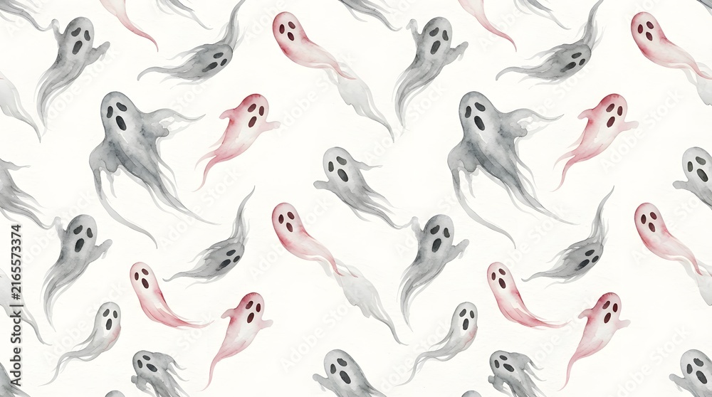 Fototapeta premium Seamless pattern of watercolor ghosts isolated on white background