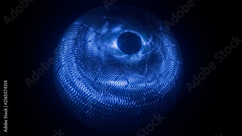 Abstract glowing blue glass sphere object with neon mesh texture on dark background, Futuristic 3D render