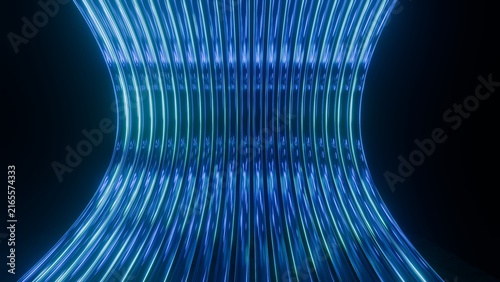 Abstract curved blue neon glass tunnel background with glowing vertical lines and light reflections, Futuristic 3D render