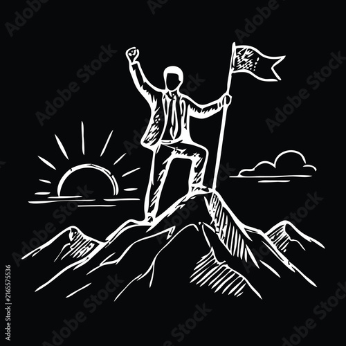 Businessman Holding Flag on Mountain Peak at Sunrise Chalkboard Illustration Celebrating Financial Success and Achievement.eps