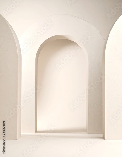 Minimalist architectural arches with textured plaster walls and soft natural lighting for product display