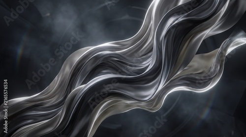 Flowing silver silk fabric waves in motion on a dark background