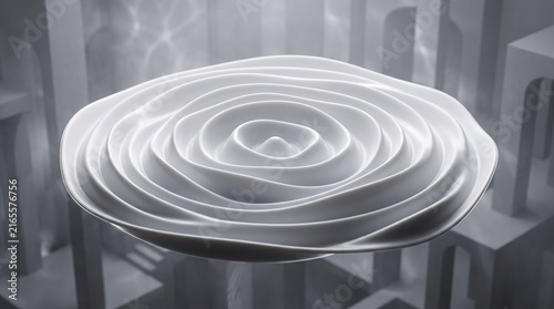 Abstract white liquid porcelain waves forming concentric circles in a minimalist studio.