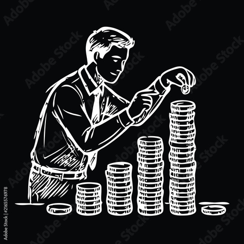 Businessman Stacking Gold Coins Chalkboard Illustration Representing Savings Growth and Wealth Accumulation Strategy.eps