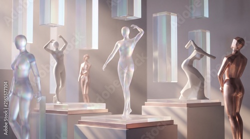 Group of abstract human figurines in dynamic poses displayed in a modern art gallery