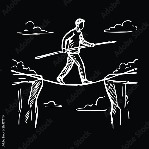 Businessman Walking Tightrope Between Cliffs with Balance Pole Chalkboard Illustration Showing Financial Risk and Stability.eps