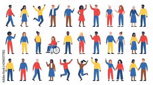 Diverse group of people standing in various poses and activities flat vector illustration