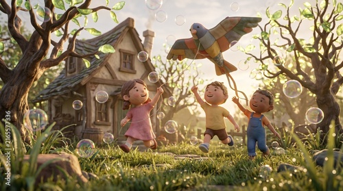 Happy children running and flying a bird kite with floating bubbles in a garden