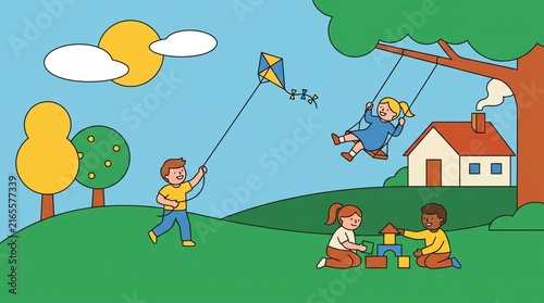 Children playing outdoors in a sunny park with a kite, swing, and building blocks.