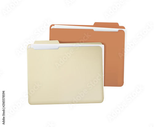 Two file folders with papers isolated on a white background, top view, vector 3D realistic illustration for business, office, and document management design projects
