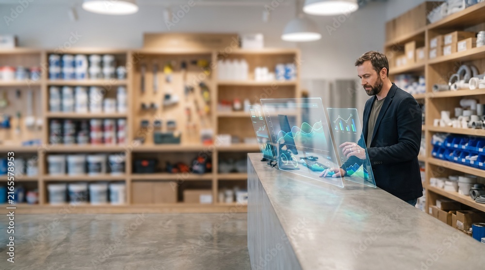 Fototapeta premium AI Hardware Store Inventory and Sales Analytics with Holographic Interface