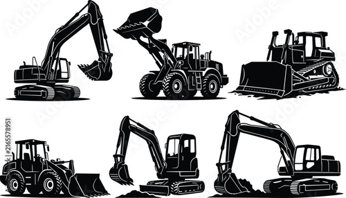 Heavy construction machinery silhouettes set including excavators front loaders wheel loader and bulldozer vector icons illustration