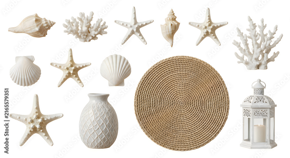 Obraz premium Set of sea shells starfish coral and decorative coastal home decor items collection