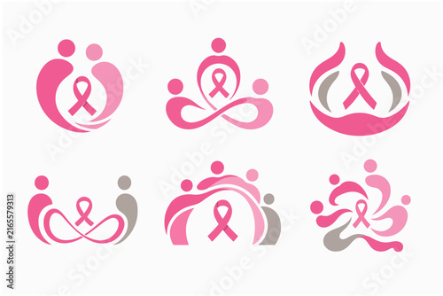 Pink ribbon community support symbols with people figures advocating for breast cancer awareness and hope.