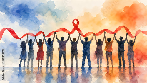 Diverse group of people holding red ribbon together symbol of unity against colorful watercolor background advocating for AIDS awareness and support initiatives.