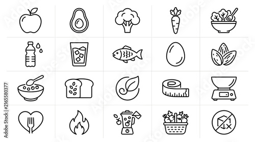20 Healthy Food and Diet Line Icons Set for Nutrition, Fitness, and Wellbeing Apps