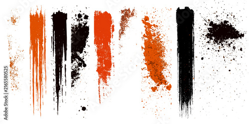 A collection of vibrant paint splatters and brush strokes in earthy tones of orange and black, creating a dynamic and artistic abstract composition.