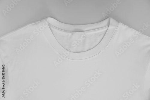 Принти на полотні White cotton T-shirt, close-up of the neck