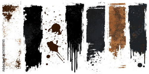 A collection of grunge textures and paint splatters, featuring abstract brush strokes and distressed elements in shades of black, brown, and white, offering a raw and artistic aesthetic.