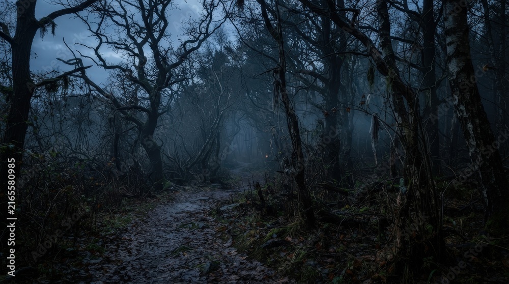 Fototapeta premium Dark winding forest path illuminated by distant lanterns, mysterious Halloween woodland and eerie night adventure background.