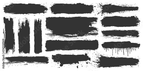 A collection of distressed, textured brush stroke elements and splatters, perfect for adding an artistic, grungy edge to graphic designs.