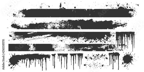 A collection of grungy, distressed brush strokes and paint splatters in dark gray, perfect for adding texture and a raw, urban aesthetic to graphic designs.