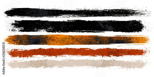 A collection of artistic brush strokes in black, orange, red, and beige offer a textured and abstract graphic element, perfect for design projects.