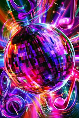 Neon Disco Ball with Vibrant Musical Notes