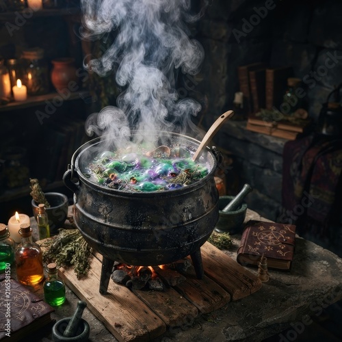 Smoking witch cauldron with magical potion for Halloween party advertising, fantasy storytelling and spooky seasonal decorations.