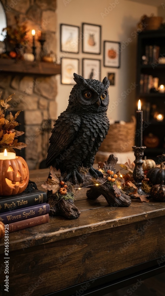 Obraz premium Black raven perched among Halloween decorations for spooky storytelling, gothic home decor and seasonal event promotions.