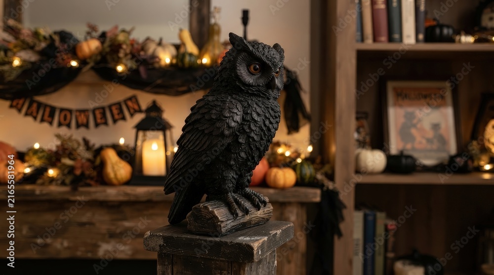 Obraz premium Black raven perched among Halloween decorations for spooky storytelling, gothic home decor and seasonal event promotions.