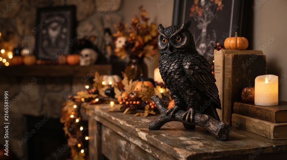 Obraz premium Black raven perched among Halloween decorations for spooky storytelling, gothic home decor and seasonal event promotions.