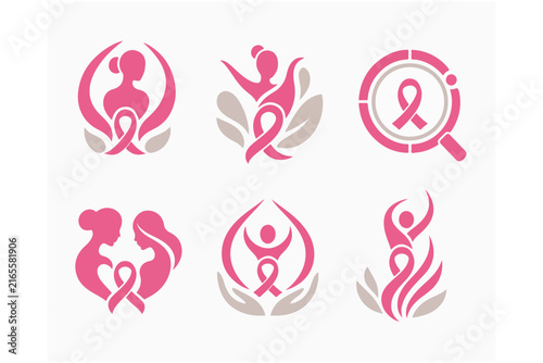 Empowerment and recovery symbols with pink ribbons and human figures for health advocacy.