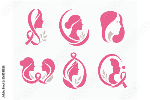 Breast cancer awareness logos with female silhouettes and pink ribbons for medical support.